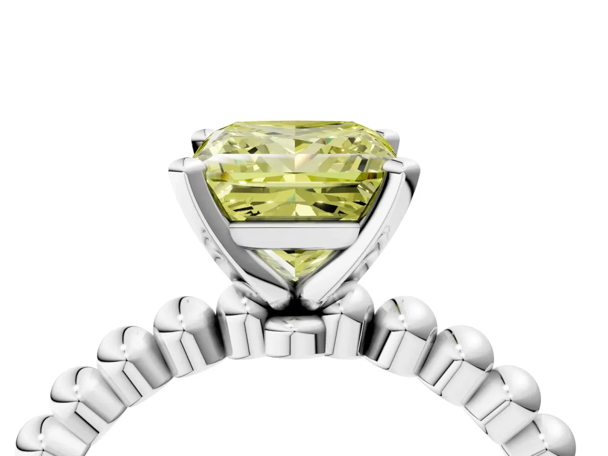 Fancy Yellow Princess Cut Diamond Solitaire Ring with Beaded Band and Prong Setting Silver