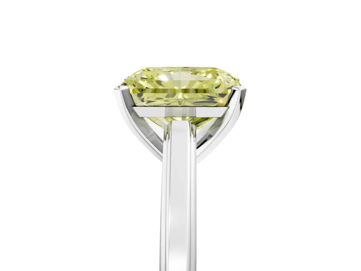 Fancy Yellow Radiant Cut Solitaire Diamond Ring with Four-Prong Setting and Classic Band Platinum