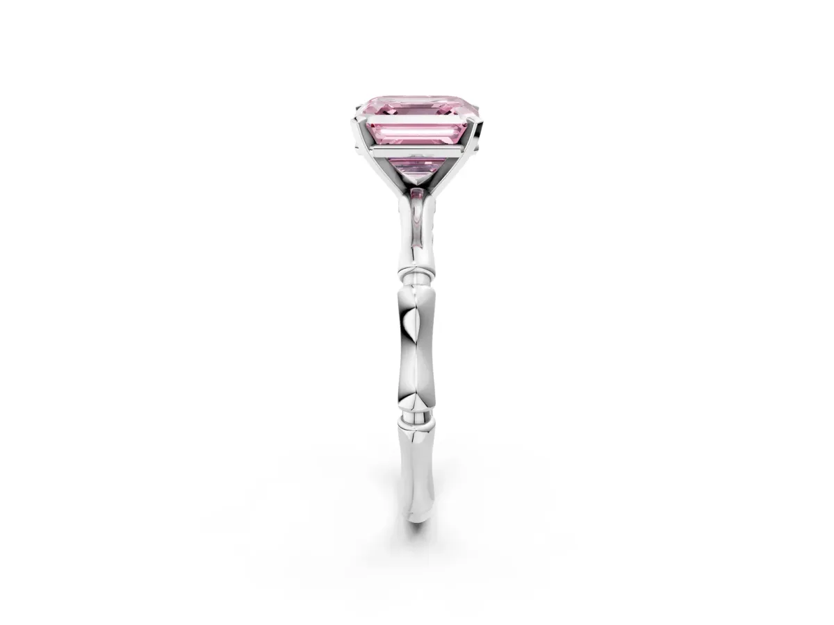 Fancy Pink Asscher Cut Solitaire Diamond Ring with Bamboo Band and Four-Prong Setting Platinum