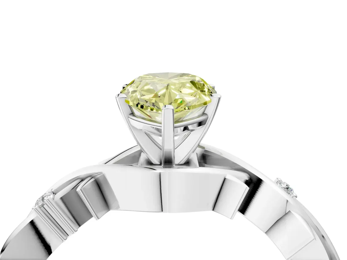 Fancy Yellow Pear Cut Diamond Solitaire Ring with Twisted Band and Prong Setting Silver