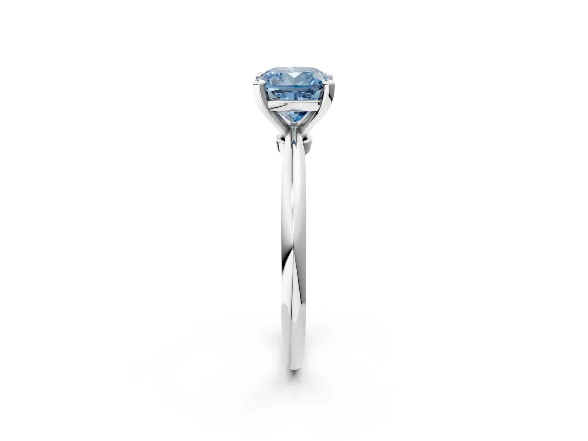 Fancy Blue Cushion Cut Diamond Solitaire Ring with Six-Prong Setting and Classic Band Silver