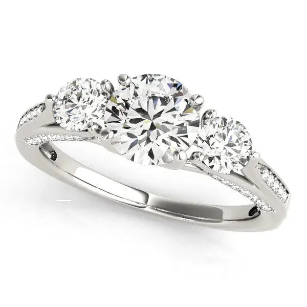 Round Cut Brilliant Three-Stone Engagement Ring with Split Shank and Prong Setting Platinum