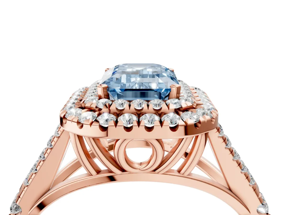 Fancy Blue Emerald Cut Diamond Double Halo Ring with Split Shank and Prong Setting Rose gold