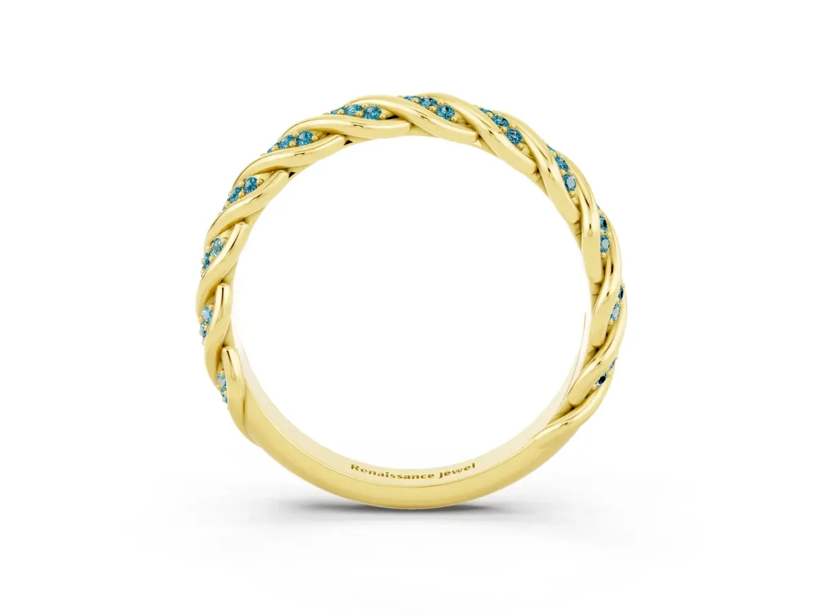 Twisted Pavé Round Blue Topaz Eternity Band with Shared Prong Setting Yellow gold