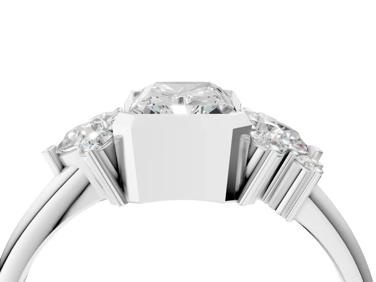 Radiant Diamond Engagement Ring with Pear and Round Side Stones White gold