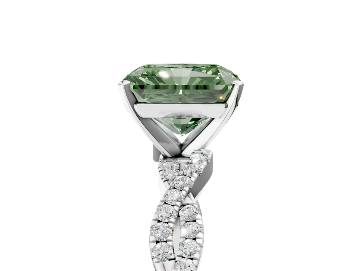 Fancy Green Radiant Cut Solitaire Twisted Pave Band with Four-Prong Setting Platinum