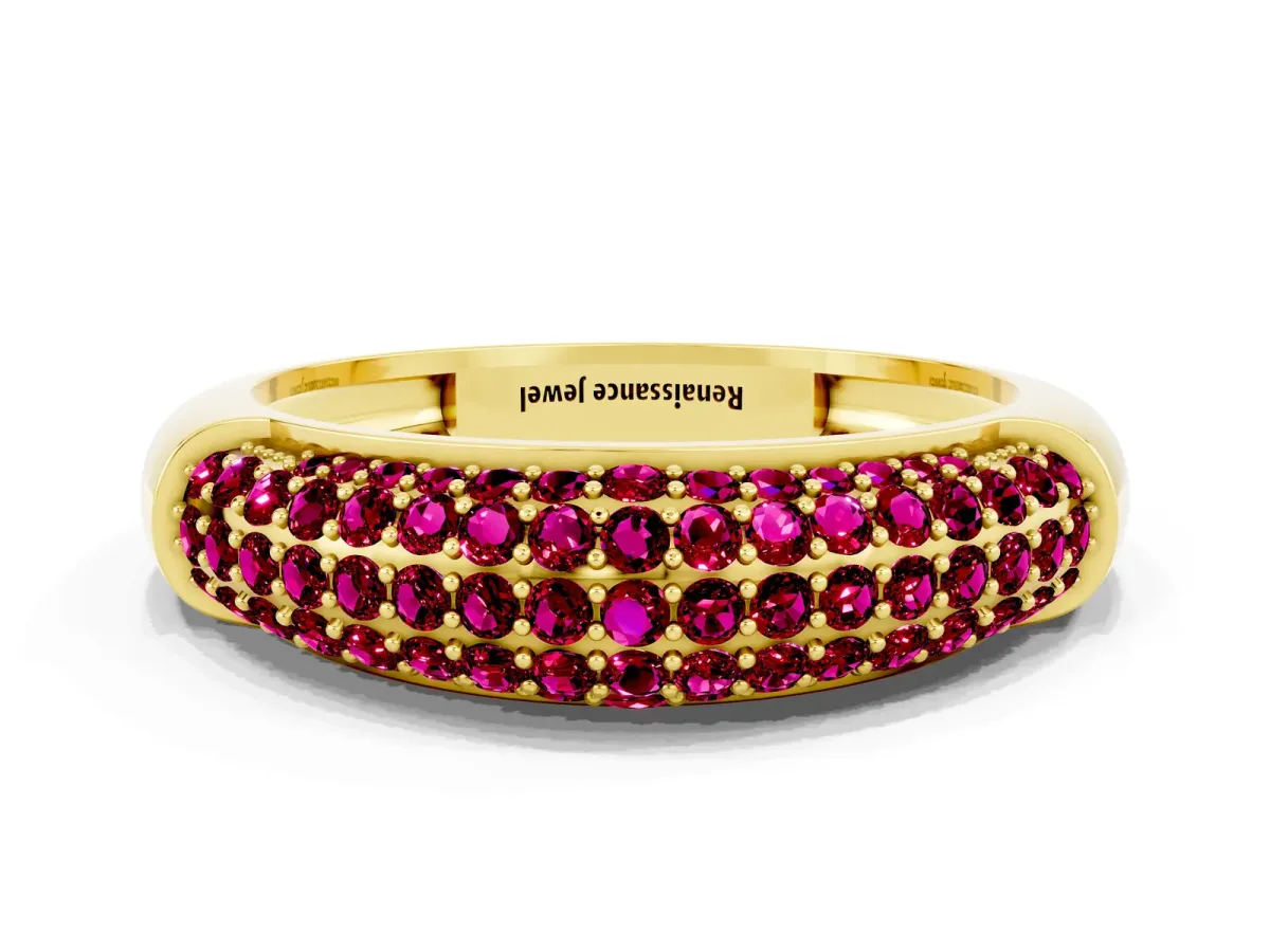 Three-Row Pavé Round Garnet Dome Band Yellow gold