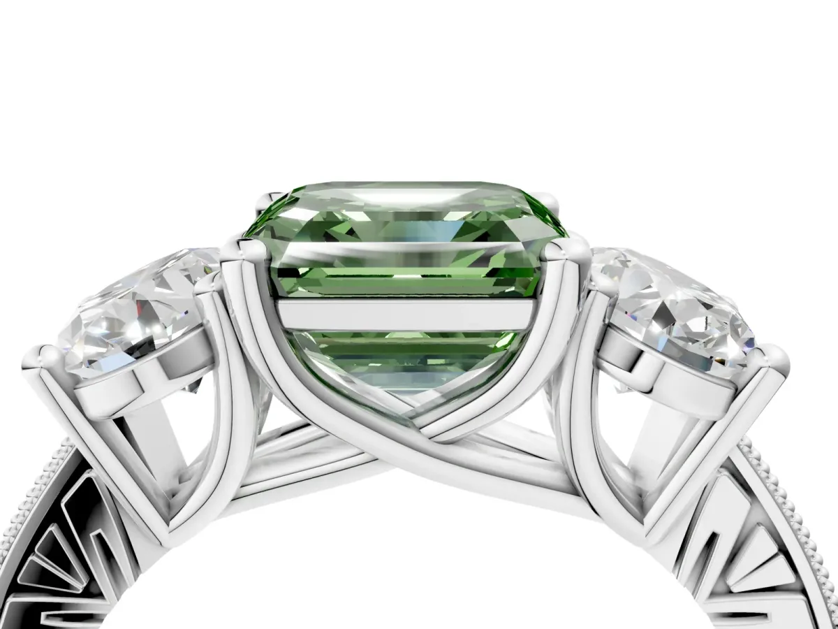 Fancy Green Three-Stone Asscher Cut Diamond Milgrain Pave Band with Prong Setting Platinum