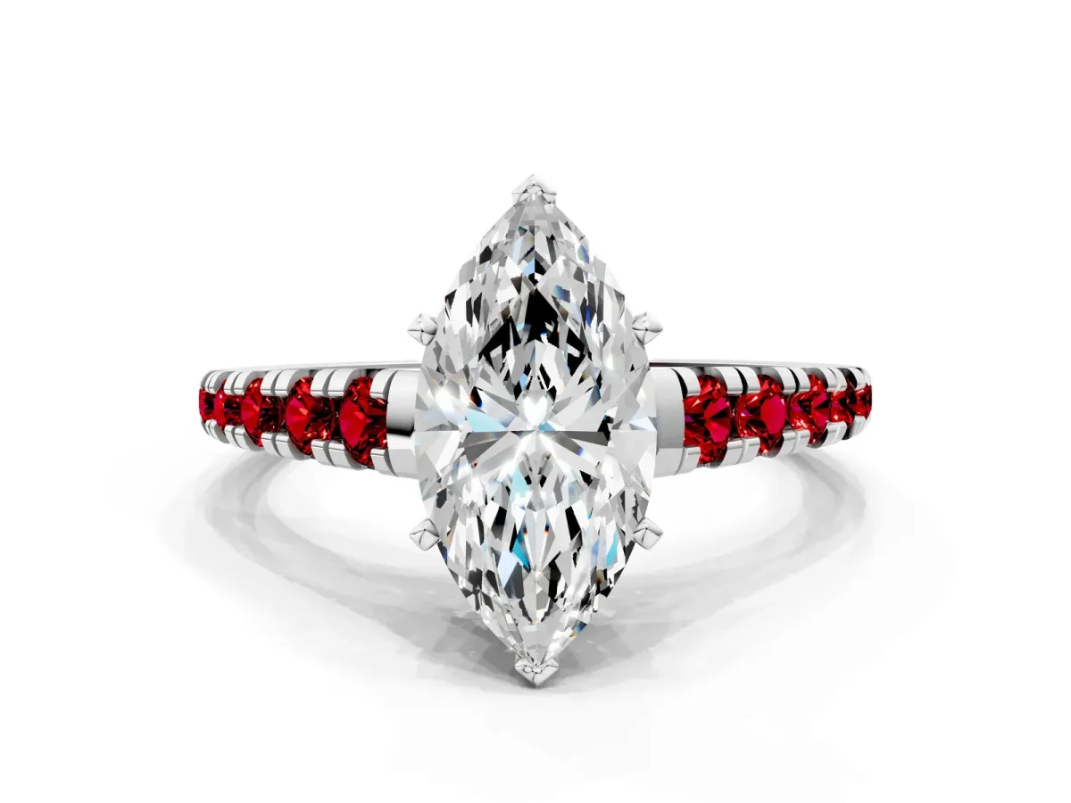 Marquise Cut Diamond Cathedral Solitaire Ring with Round Ruby Pavé Band Silver