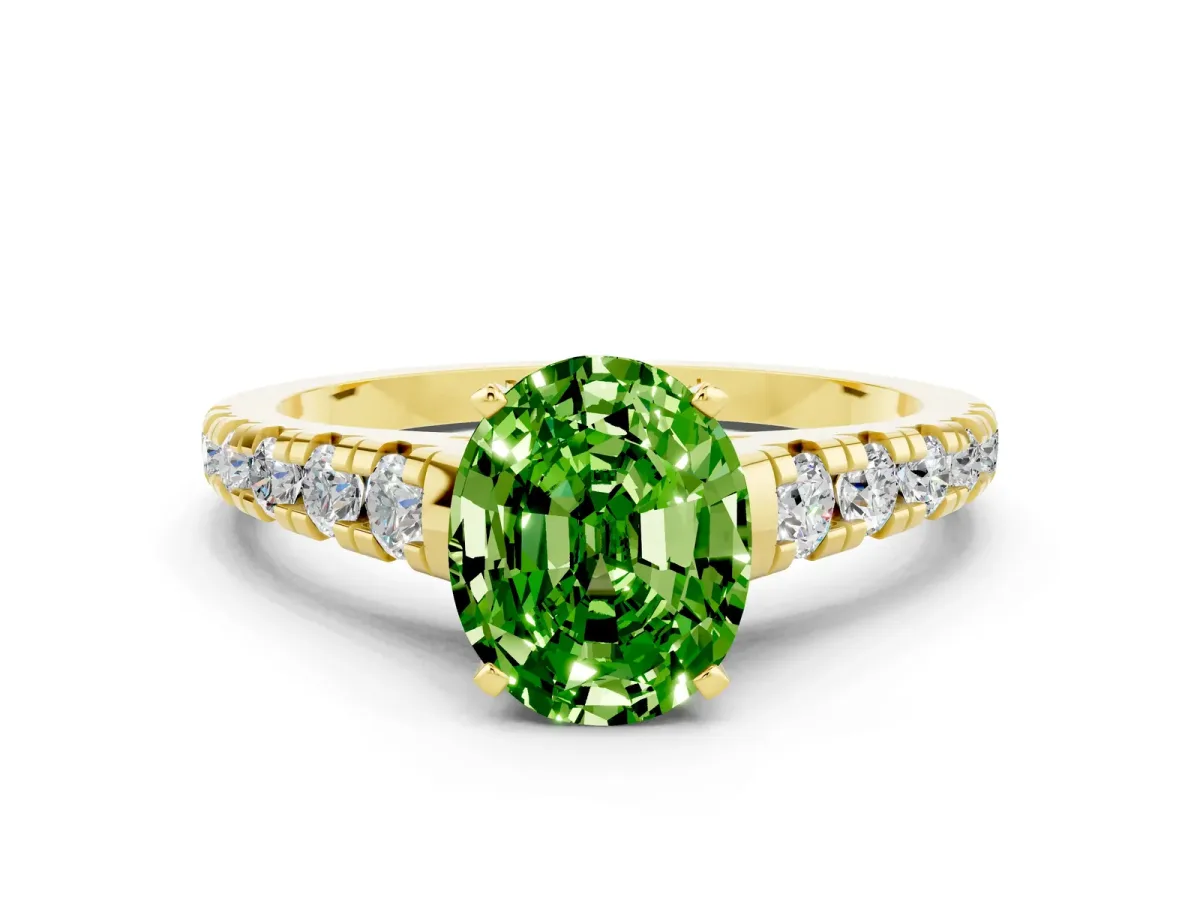 Oval Cut Peridot Cathedral Solitaire Ring with Round Pavé Band Yellow gold