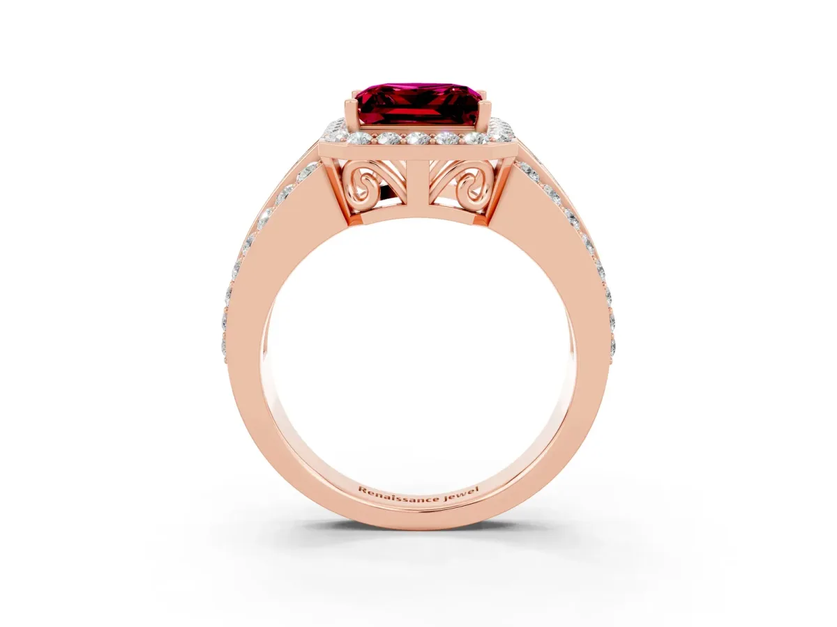 Princess Cut Halo Garnet Ring with Round Split Shank and Prong Setting Rose gold