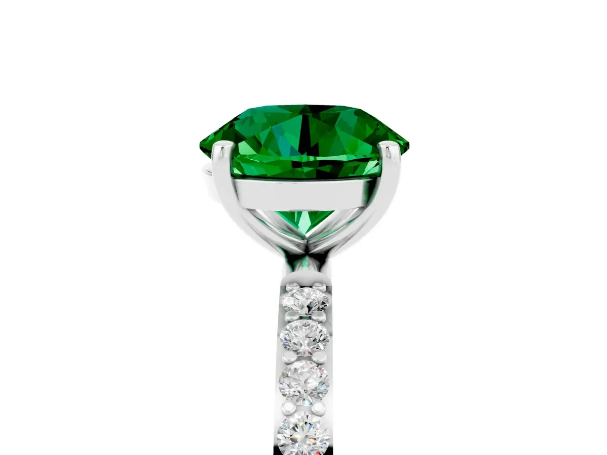 Round Cut Emerald Solitaire Ring with Round Pavé Band and Prong Setting Silver