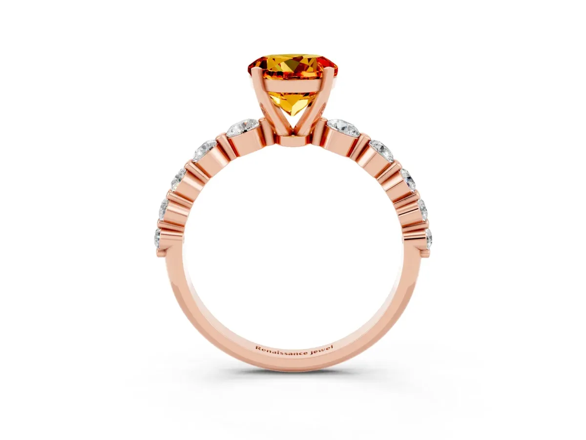 Round Cut Solitaire Citrine Ring with Pave Band and Four-Prong Setting Rose gold