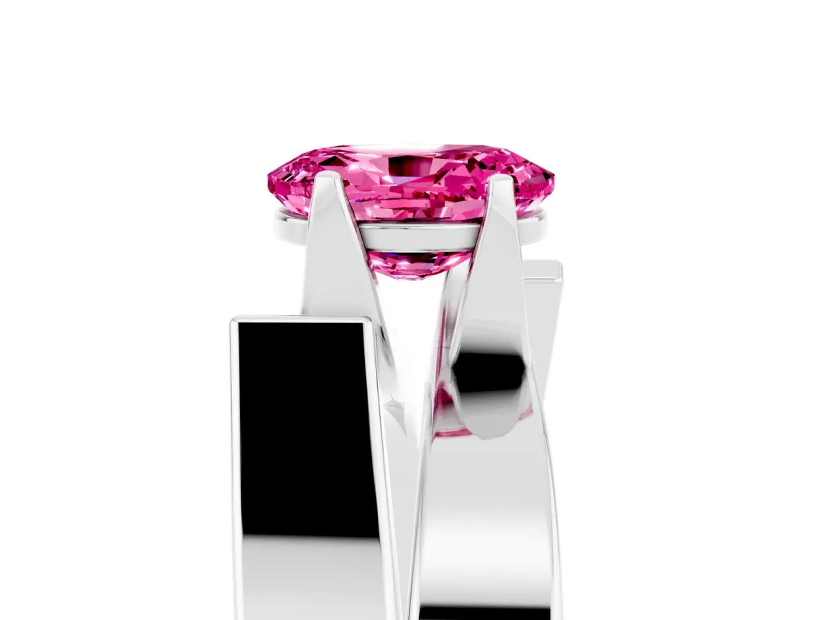 Modern Tension Set Oval Cut Pink Sapphire Solitaire Wide Band Ring Silver
