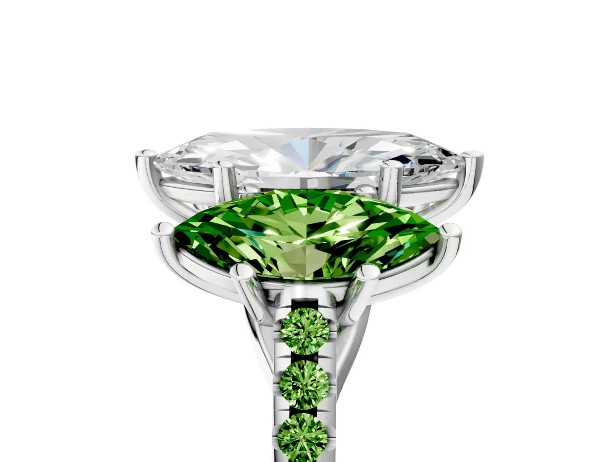 Three-Stone Marquise Cut Diamond Ring with Round Peridot Pavé Band and Prong Setting Platinum