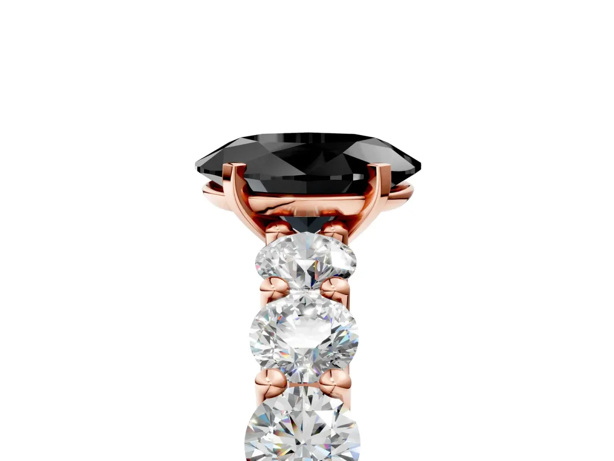 Fancy Black Oval Cut Diamond Prong Setting with Side Stones on a Pave Band Rose gold