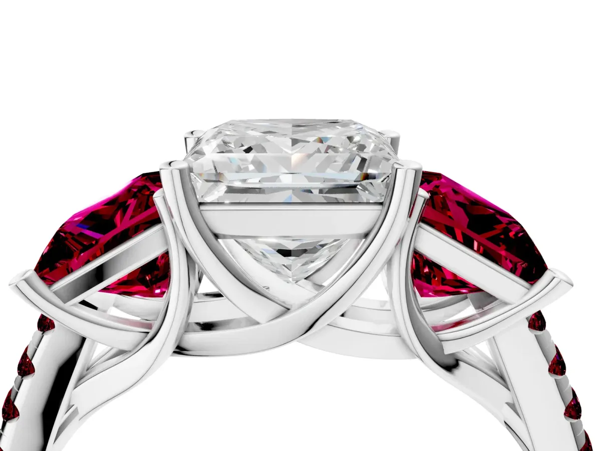 Three-Stone Princess Cut Diamond Ring with Round Garnet Pavé Band and Prong Setting Silver