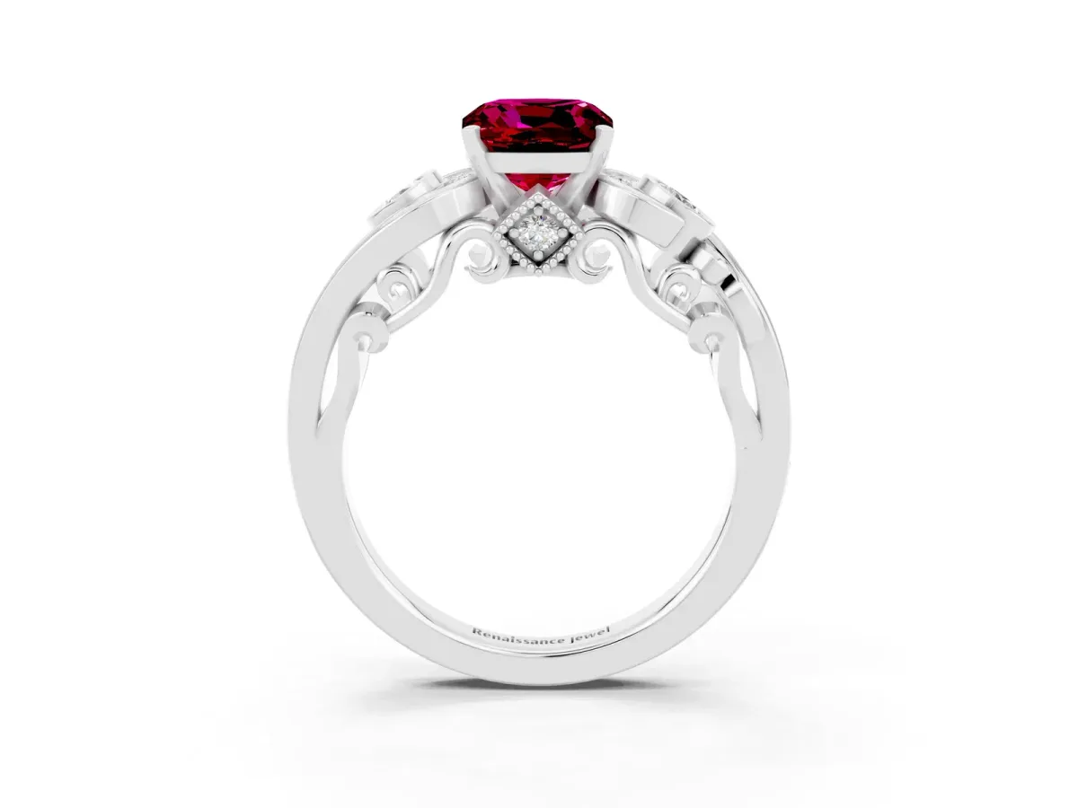 Cushion Cut Garnet Solitaire Ring with Milgrain Pavé Band and Four-Prong Setting Silver