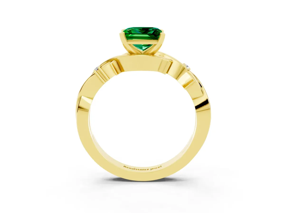 Princess Cut Emerald Solitaire Ring with Twisted Band and Prong Setting Yellow gold