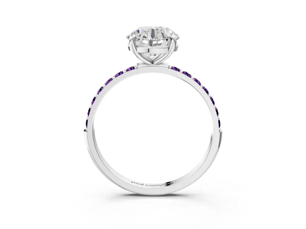 Round Cut Diamond Solitaire Ring with Round Amethyst Pavé Band and Prong Setting Silver