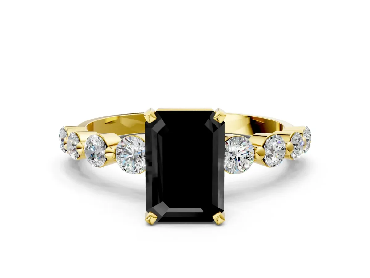 Fancy Black Emerald Cut Solitaire Diamond Ring with Pave Band and Four-Prong Setting Yellow gold