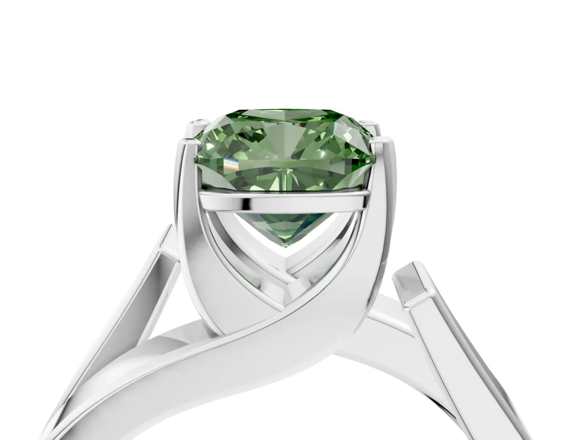 Fancy Green Modern Tension Set Cushion Cut Diamond Solitaire Wide Band Ring Silver