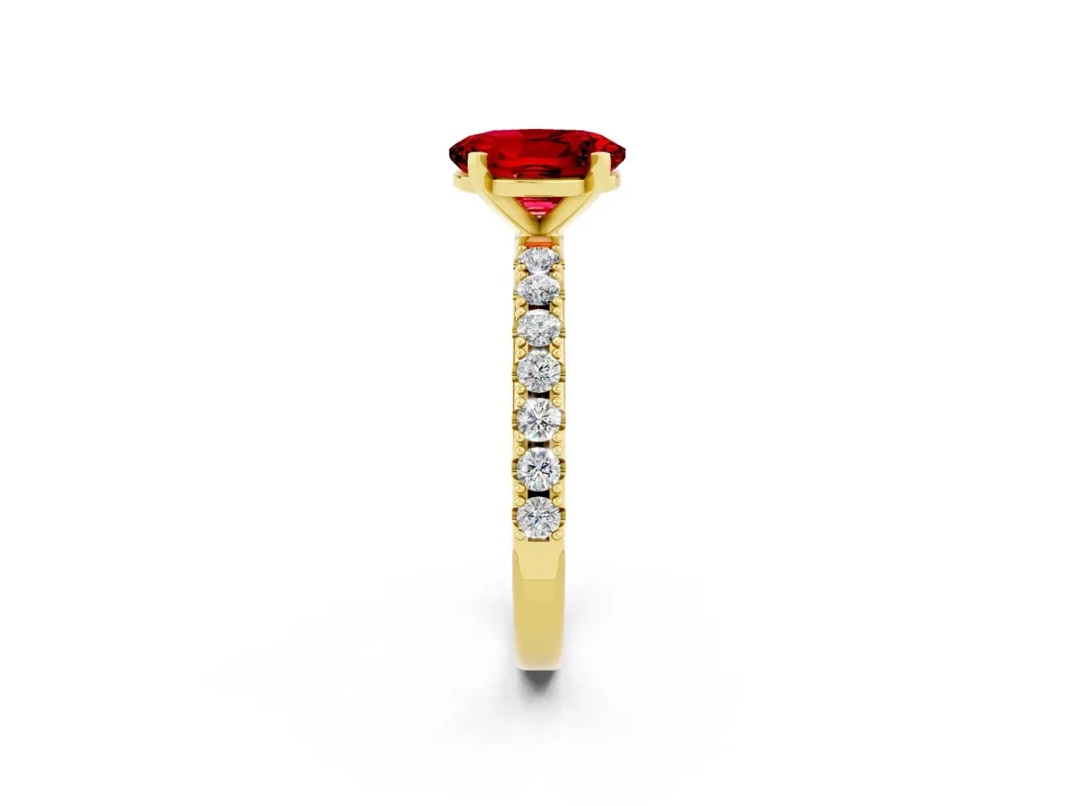 Oval Cut Ruby Solitaire Pavé Band with Four-Prong Setting Yellow gold