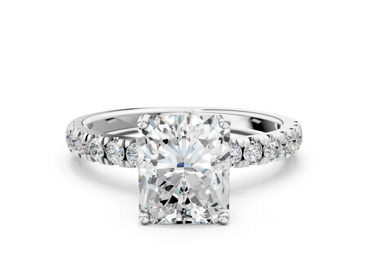 Radiant Cut Diamond Pave Band Solitaire Ring with Round and Prong Setting Platinum