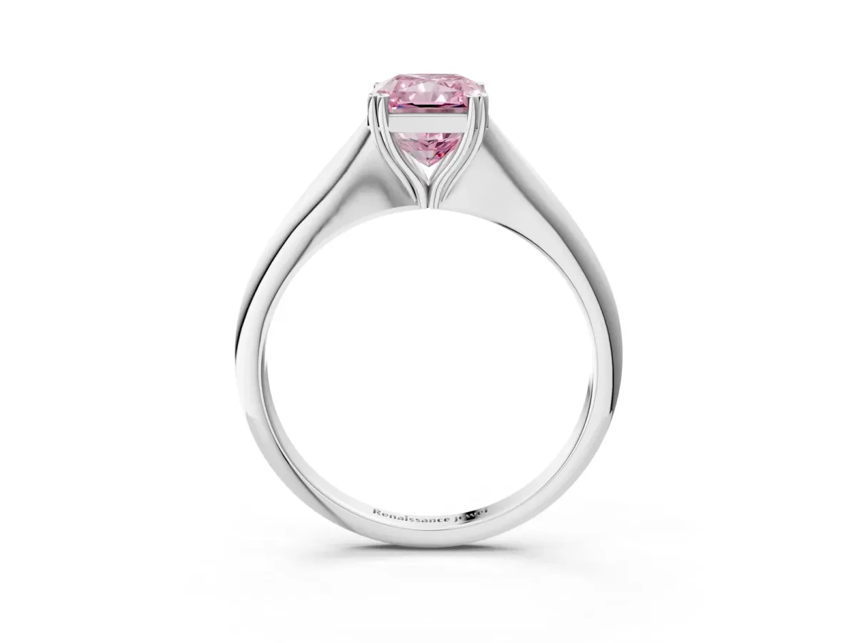 Fancy Pink Radiant Cut Solitaire Diamond Ring with Six-Prong Setting and Classic Band Platinum