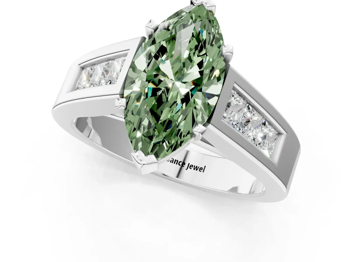 Fancy Green Marquise Cut Cut Channel Set Solitaire Ring with Four-Prong Setting Silver