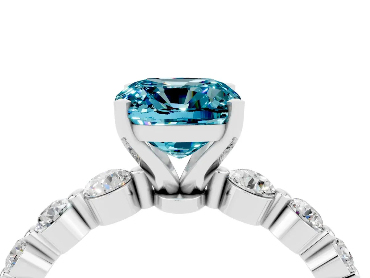 Cushion Cut Solitaire Blue Topaz Ring with Pave Band and Four-Prong Setting Silver