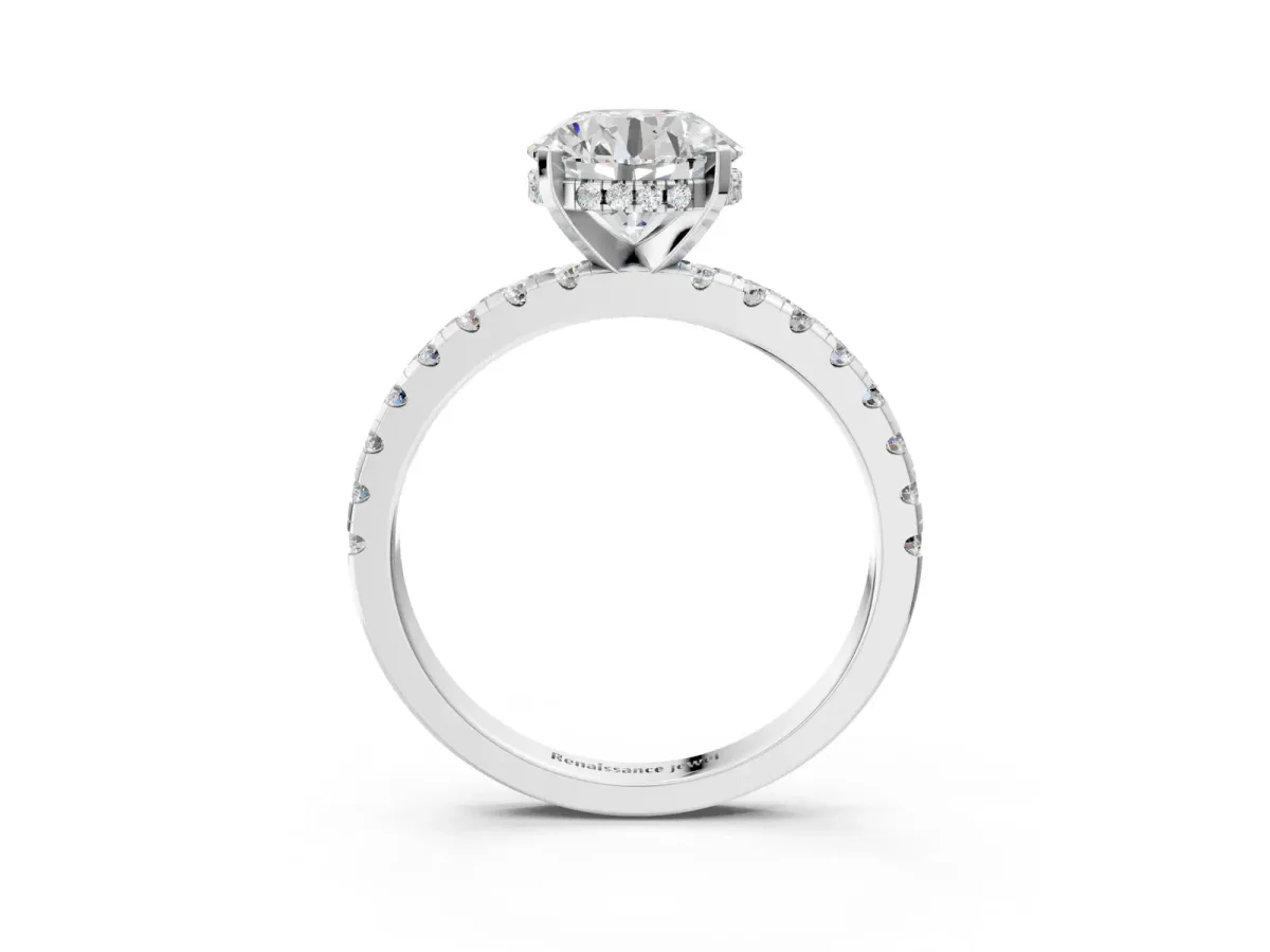 Round Cut Diamond Solitaire Ring with Round Tanzanite Pavé Band and Four-Prong Setting Silver