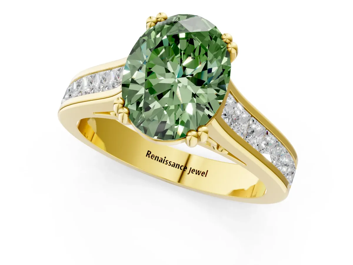 Fancy Green Oval Cut Cut Channel Set Solitaire Engagement Ring with Prong Setting Yellow gold