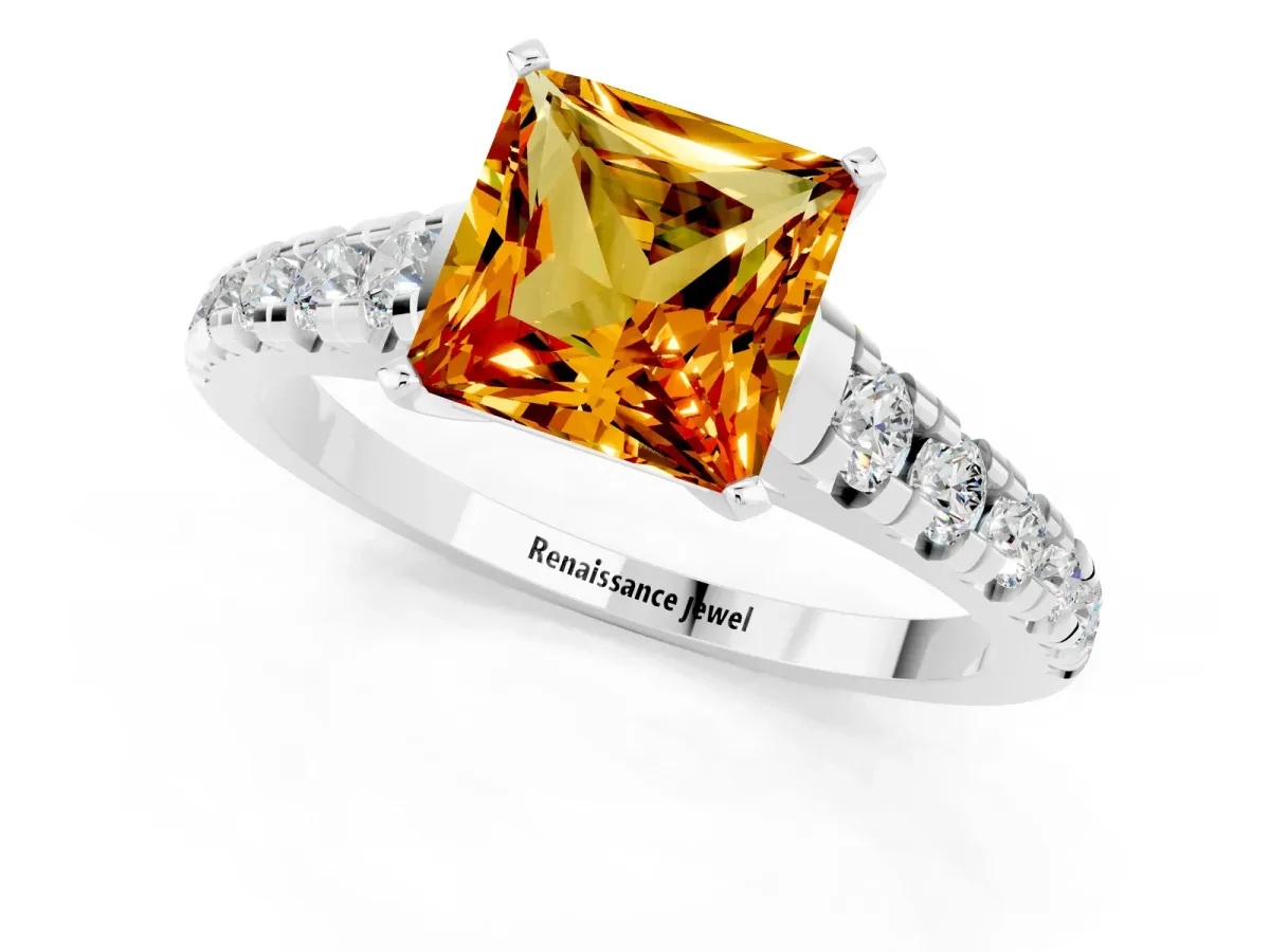 Princess Cut Citrine Cathedral Solitaire Ring with Round Pavé Band Silver