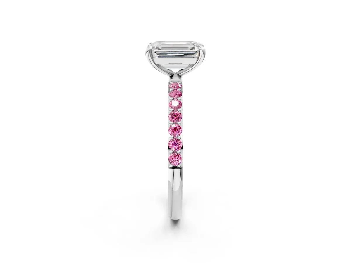 Emerald Cut Diamond Solitaire Ring with Round Pink Sapphire Pavé Band and Prong Setting Silver