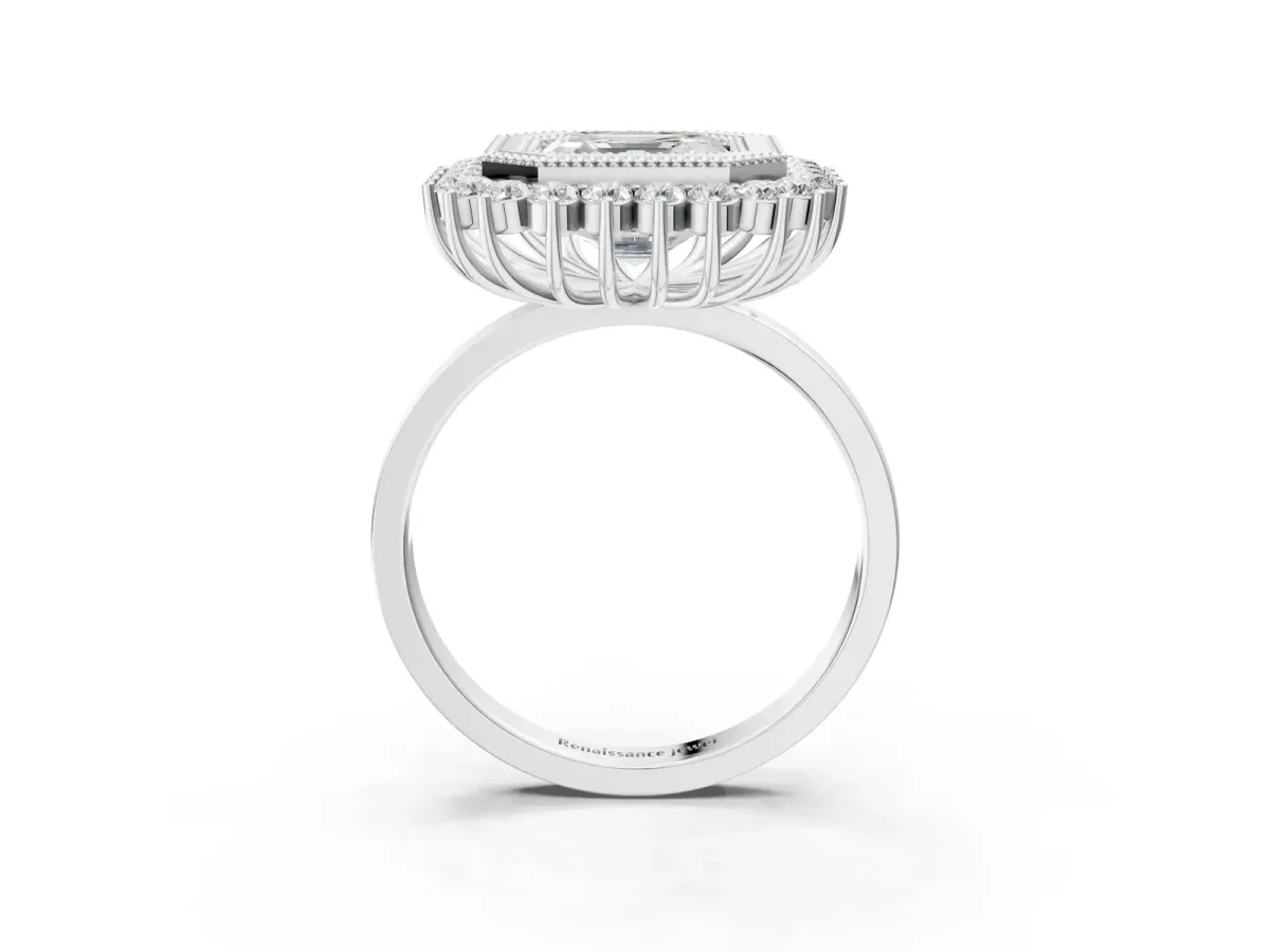Asscher Cut Halo Diamond Ring with Milgrain Edge and Round Prong Setting Platinum
