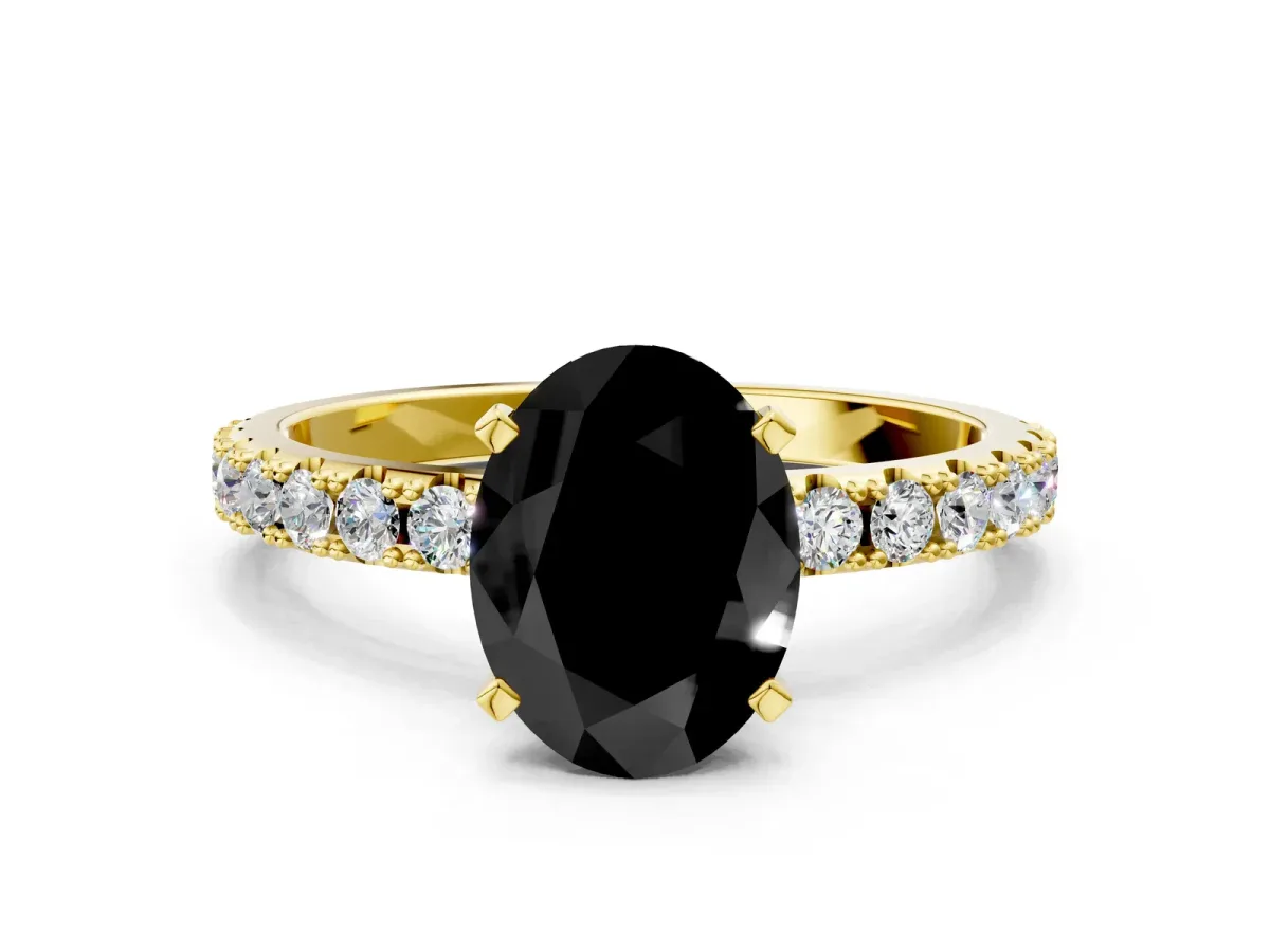 Fancy Black Oval Cut Diamond Solitaire Pavé Band with Four-Prong Setting Yellow gold