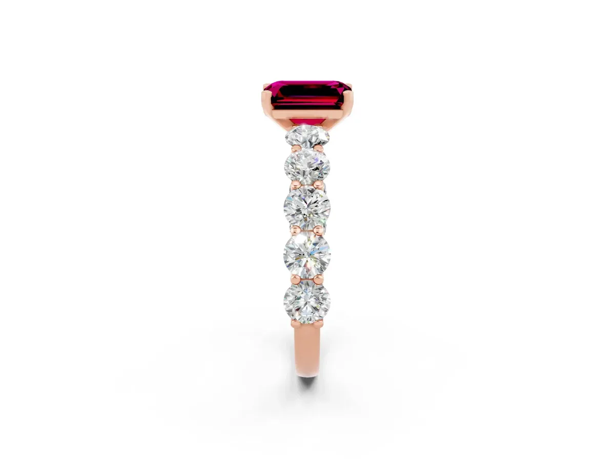 Emerald Cut Garnet Prong Setting with Side Stones on a Pave Band Rose gold
