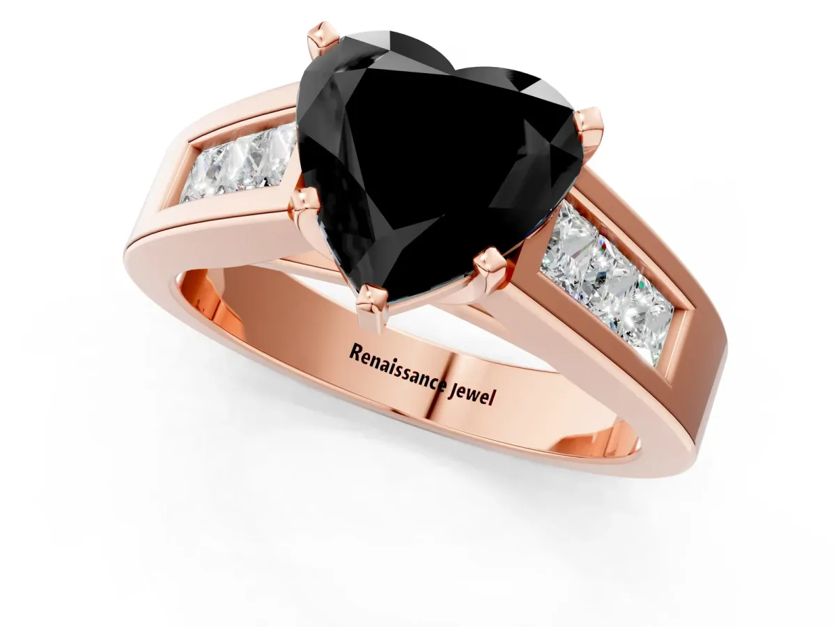 Fancy Black Heart Cut Cut Channel Set Solitaire Ring with Four-Prong Setting Rose gold