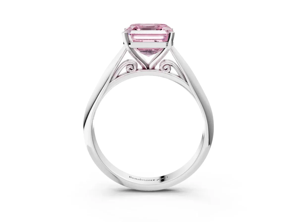 Fancy Pink Asscher Cut Diamond Solitaire Engagement Ring with Cathedral Setting and Four-Prong Mount Silver