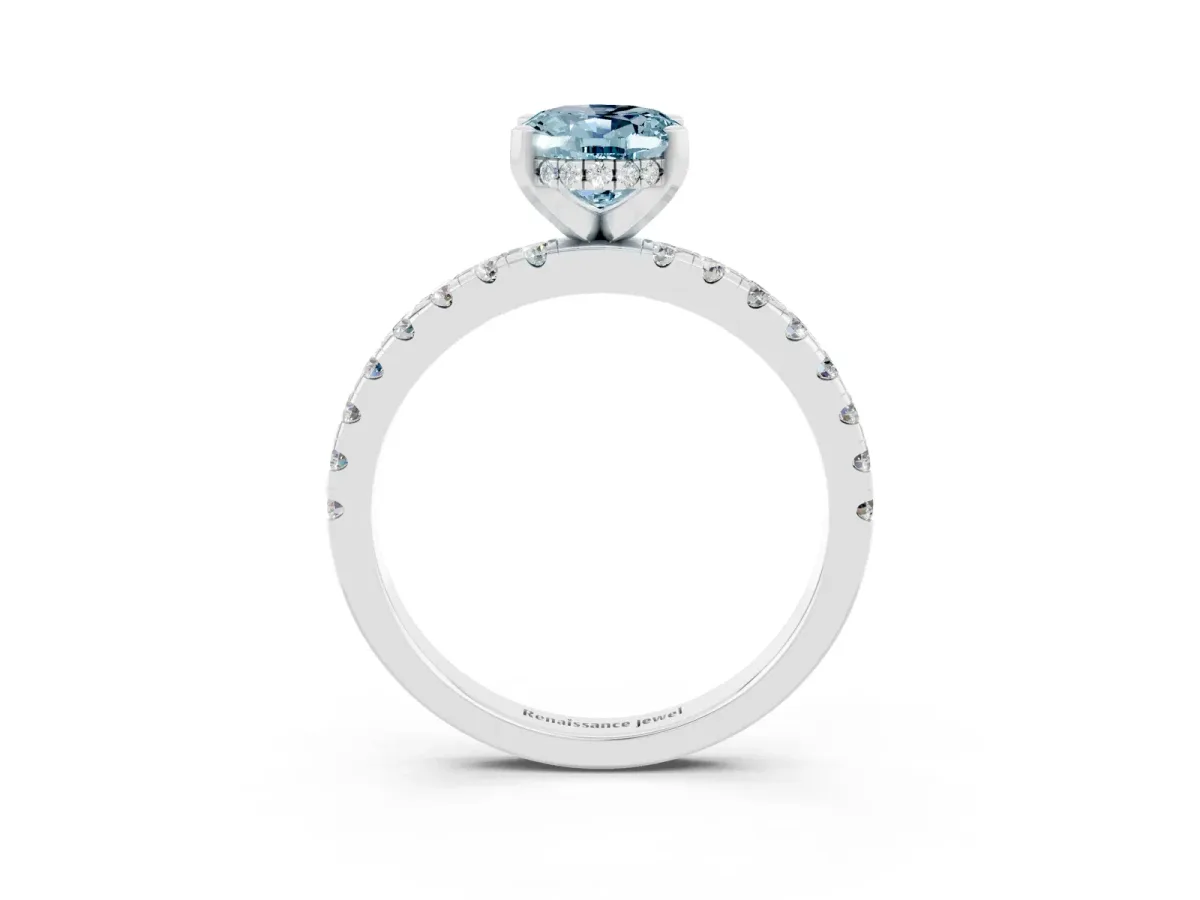 Oval Cut Aquamarine Solitaire Ring with Round Pavé Band and Four-Prong Setting Silver