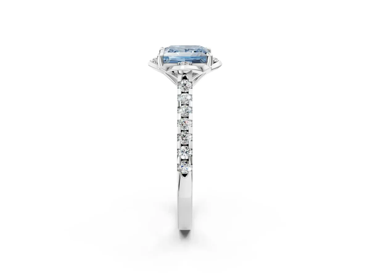 Fancy Blue Princess Cut Diamond Ring with Pavé Band and Floral Prong Setting Silver
