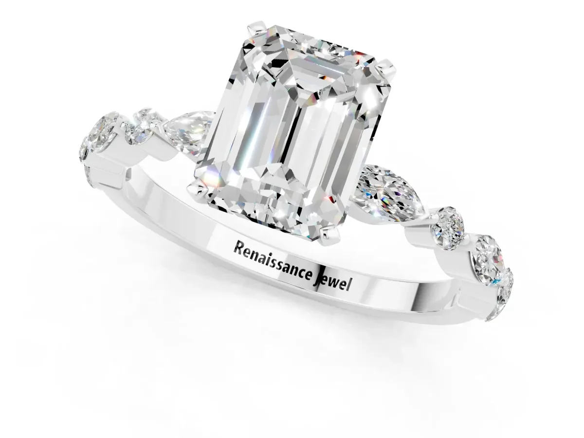 Emerald Cut Moissanite Ring with Marquise and Round Side Stones and Four-Prong Setting Silver