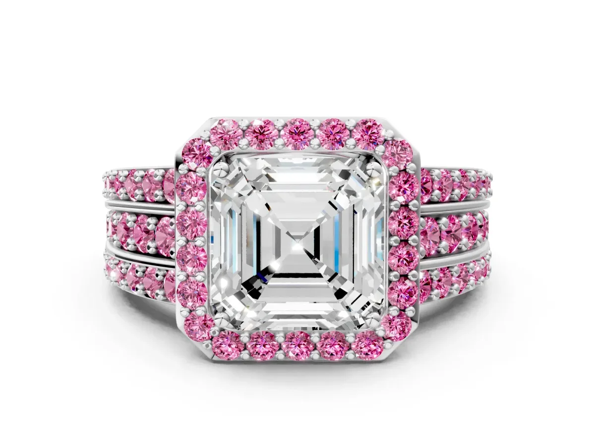 Asscher Cut Halo Diamond Ring with Round Pink Sapphire Split Shank and Prong Setting Silver