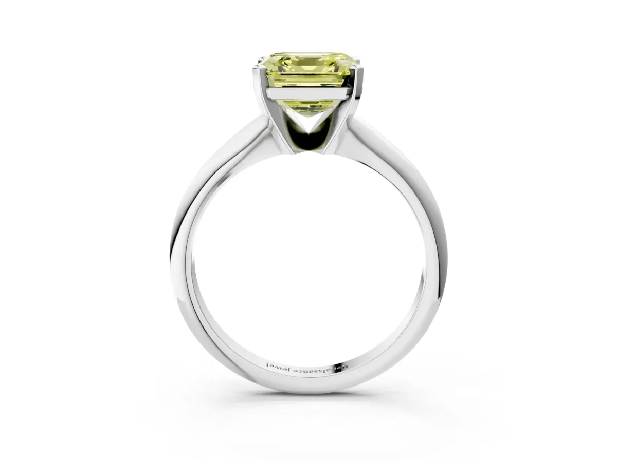 Fancy Yellow Asscher Cut Cut Solitaire Ring with Four-Prong Setting on a Classic Band Platinum