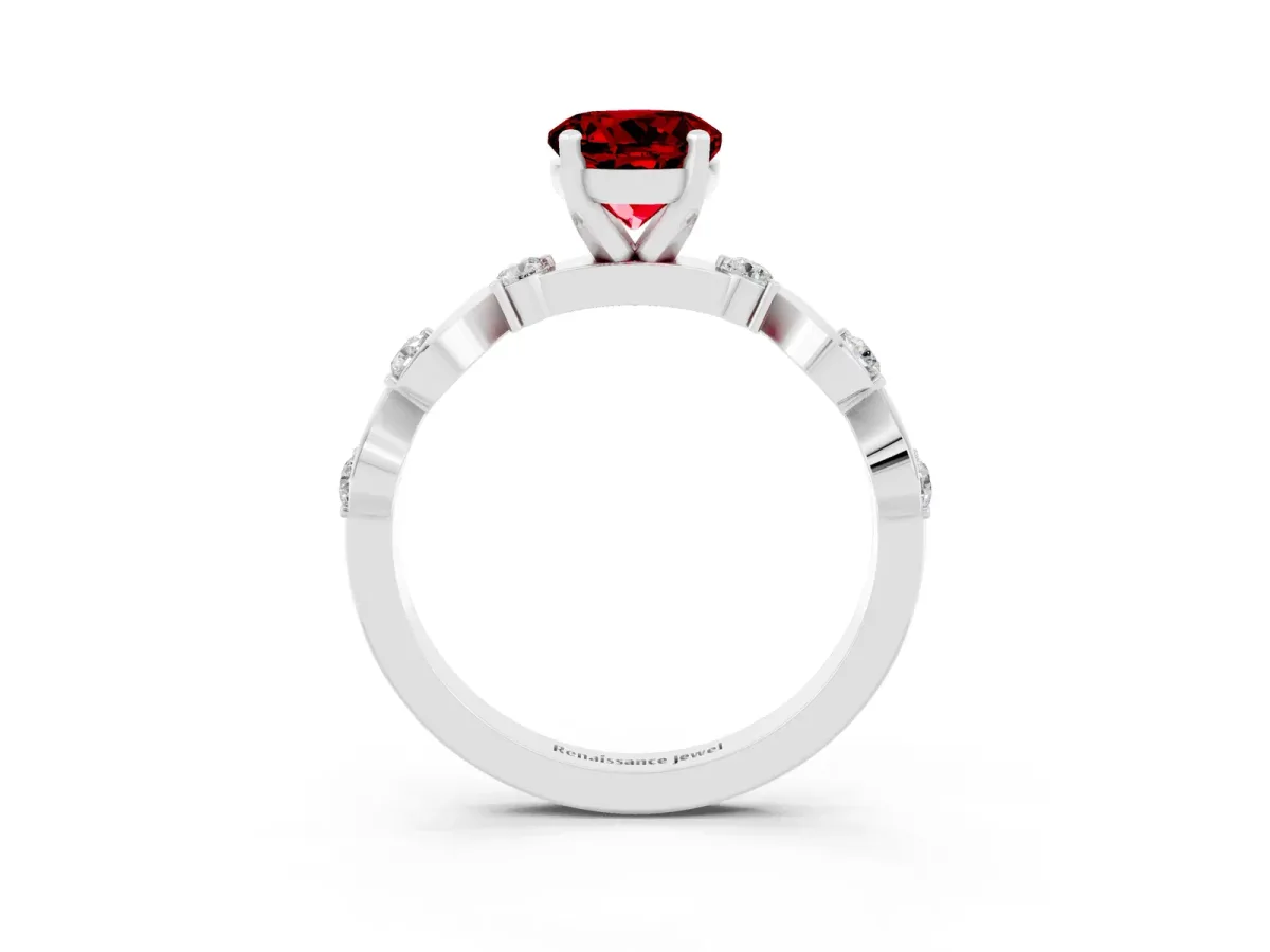 Round Cut Ruby Solitaire Twisted Band with Round Accents and Prong Setting White gold
