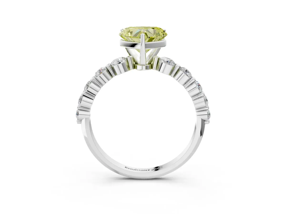 Fancy Yellow Heart Cut Solitaire Diamond Ring with Pave Band and Four-Prong Setting Silver