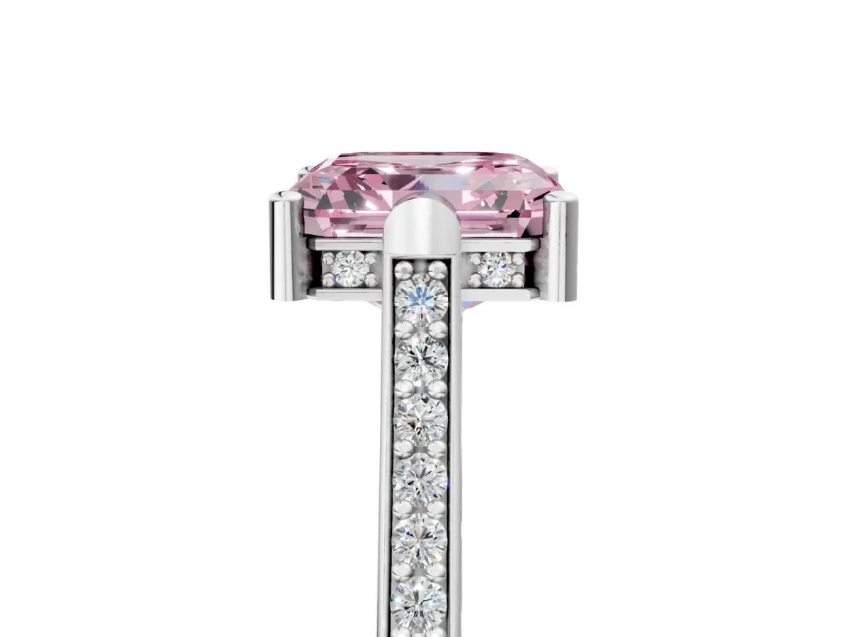 Fancy Pink Asscher Cut Solitaire Diamond Ring with Channel Set Band and Bezel Prong Setting Platinum