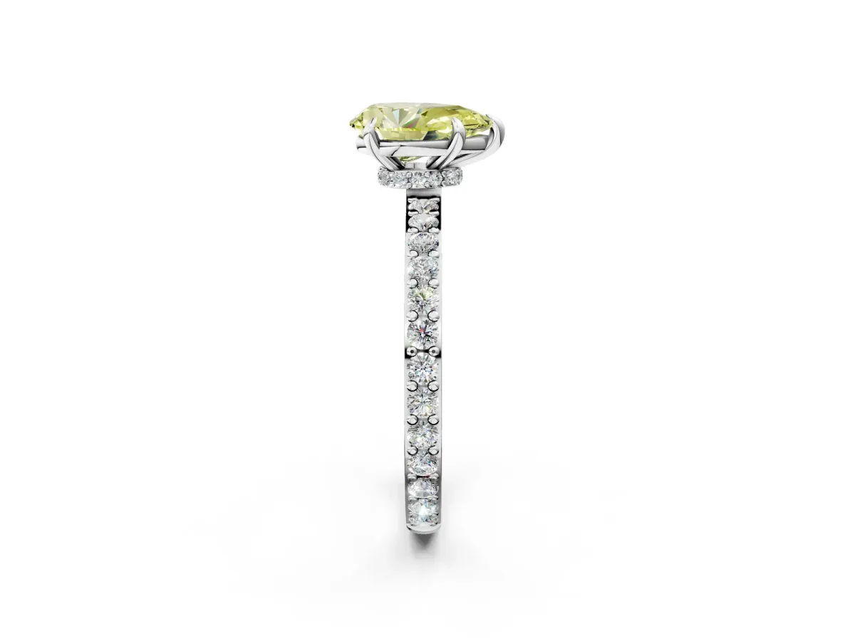 Fancy Yellow Pear Cut Diamond Solitaire Engagement Ring with Pavé Band and Four-Prong Setting Silver