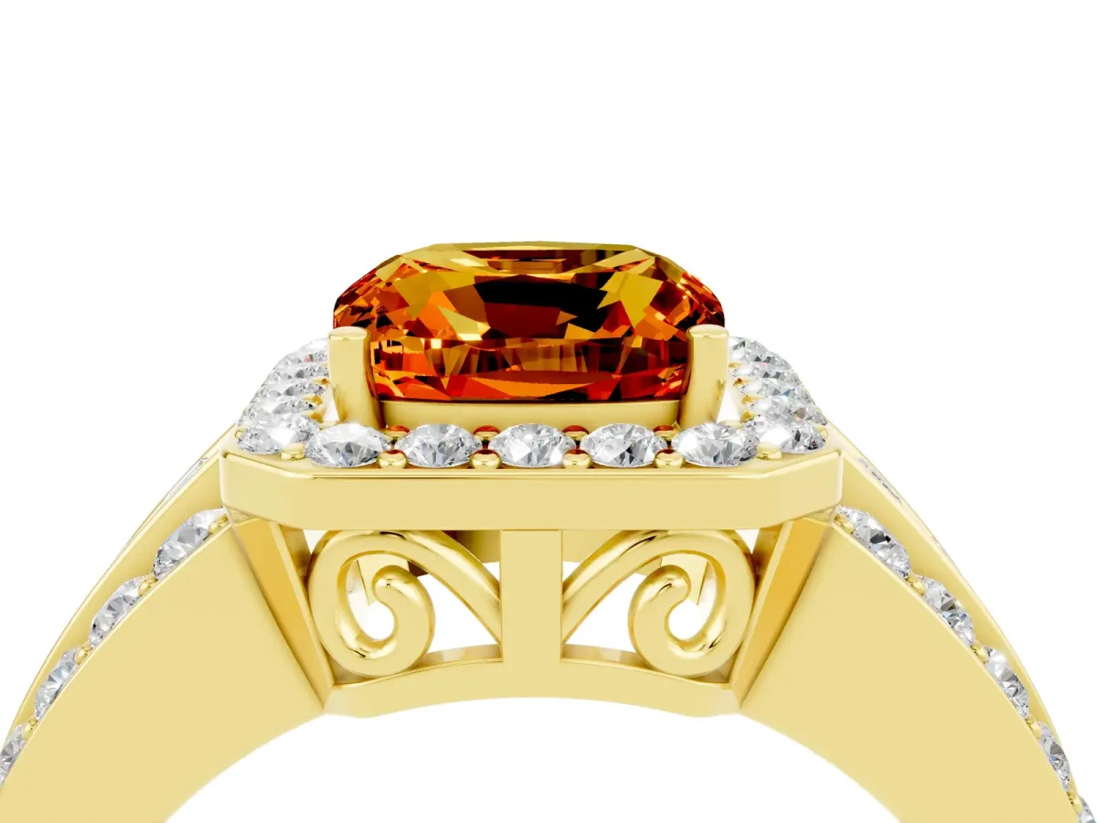 Cushion Cut Halo Citrine Ring with Round Split Shank and Prong Setting Yellow gold